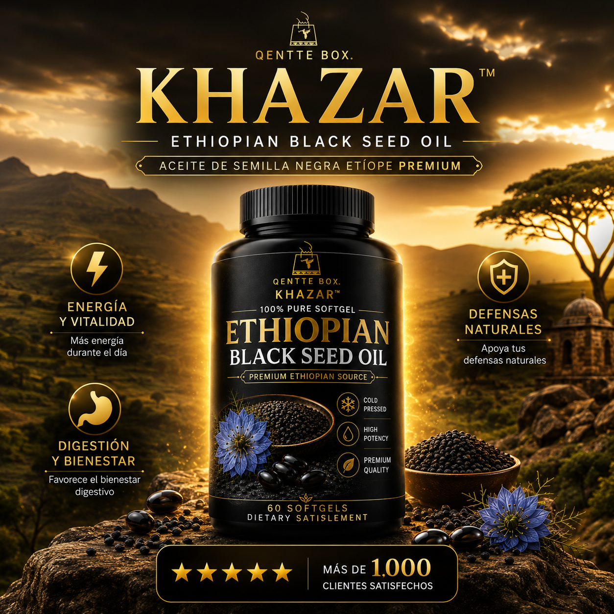 👑 KHAZAR™ Aceite de Semilla Negra Etíope ✨ ✨ Menos hinchazón, más energía y bienestar natural • 60 Cápsulas Blandas ✨